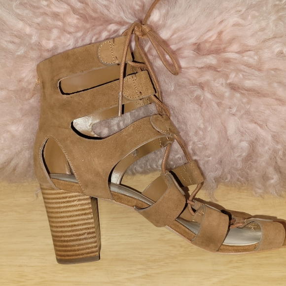 Marc Fisher Tan Suede Gladiator Lace-up Open Toe Sandal with Stacked Heel - Picture 5 of 5